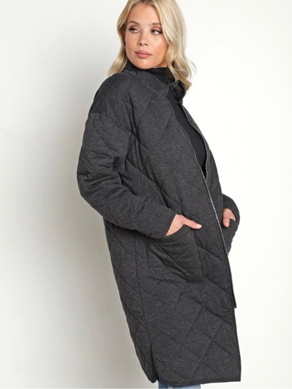 Z Supply Catharina Quilted Zip Jacket Onyx Longline Coat M